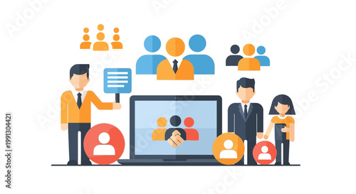 Business people presenting on laptop screen.