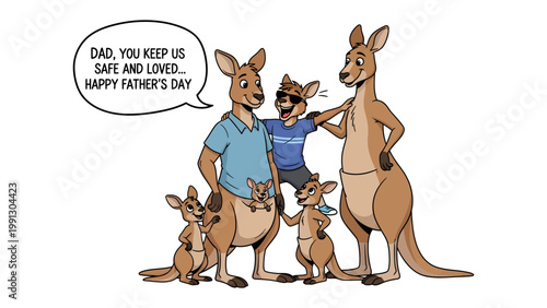 Father's Day with Kangaroo Family: A heartwarming illustration captures a kangaroo family celebrating Father's Day, emphasizing love, protection, and appreciation with the father figure.