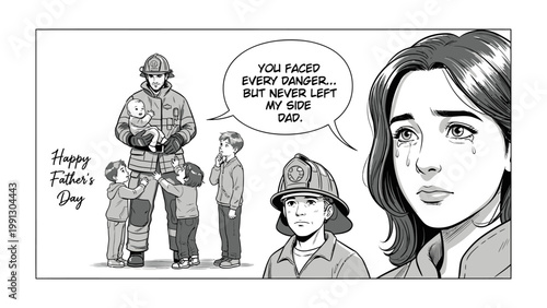 Father's Day Dedication: An illustration with a father and his children. A heartwarming illustration celebrating fatherhood, featuring a firefighter.