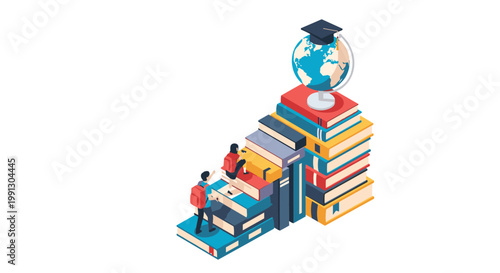 Students climbing a staircase made of large books toward a globe wearing a graduation cap representing the path of education.