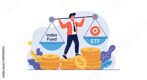 Investor balancing on stacks of coins while holding a scale comparing index funds and exchange-traded funds for wealth growth.