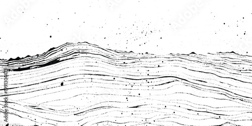 Abstract monochrome texture with flowing wavy distortion lines across the top and dense cracked, rocky patterns below, resembling eroded terrain or seismic layers, distressed grunge style background.