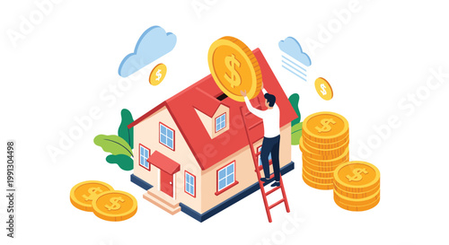 Man using a ladder to put a large gold coin into a house-shaped piggy bank to symbolize saving for a home and property value.