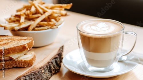 Coffee and Food on Wooden Table.