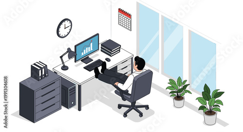 Productive office worker relaxing at his desk with feet up while looking at successful business charts on his computer monitor.