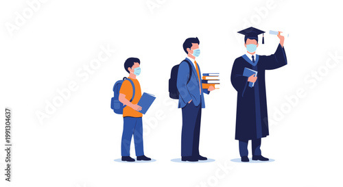 Illustration of three male students at different stages of education wearing medical masks to represent learning during a pandemic.