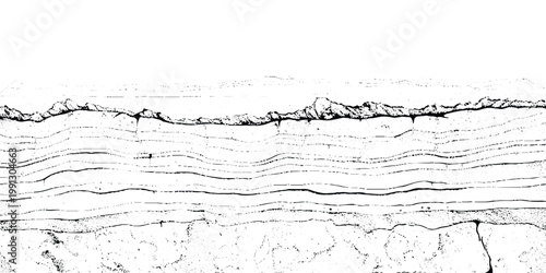 Abstract monochrome texture with flowing wavy distortion lines across the top and dense cracked, rocky patterns below, resembling eroded terrain or seismic layers, distressed grunge style background.