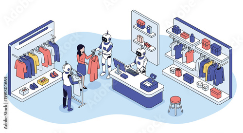Future of retail showing advanced robots serving a customer and working as cashiers in a modern clothing store in isometric view.