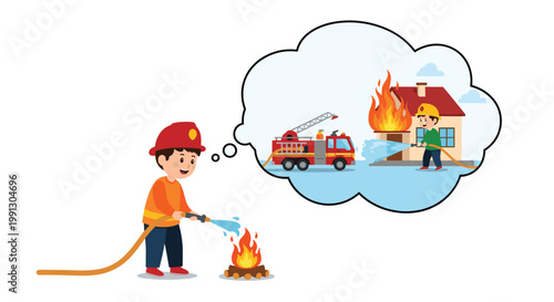 Young boy playing as a brave firefighter and imagining himself putting out a large house fire with a professional fire engine.