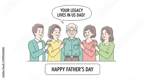 Family Legacy and Father's Day: A touching illustration portrays a family gathered to celebrate their father, a symbol of heritage, expressing gratitude and love. 