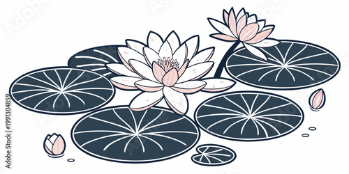 Group of lotus flowers and lily pads in pond illustration with botanical illustration background floating meditation wellness peaceful decorative spiritual isolated multiple colorful