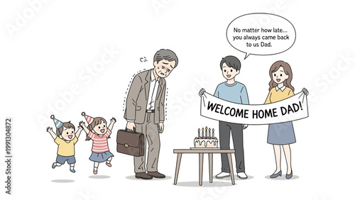 Coming Home: A heartwarming family scene where a tired father returns home to a joyous welcome, embracing the bonds of love and support after a long day.
