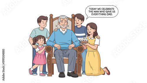 Family Celebration: A heartwarming scene unfolds as a family gathers to honor the patriarch. Surrounded by their loved ones, the father is presented with a birthday cake.