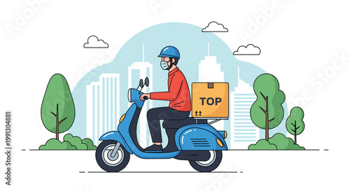 Delivery rider wearing a protective face mask and riding a blue scooter through a city to deliver a package to a customer's home.