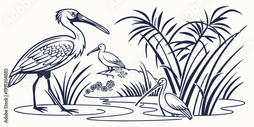 Graphic artwork of herons near reeds and flowers in a pond with wildlife illustration environment waterfowl marshland minimalist elements composition ornamental decorative resource