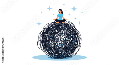 Woman sitting in a lotus position and meditating on top of a giant ball of tangled lines to find mental clarity and inner peace.