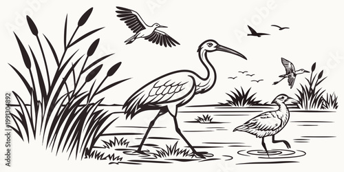 Line art landscape featuring herons flying and wading in a marsh wildlife landscape illustration environment waterfowl marshland cattails minimalist elements composition ornamental
