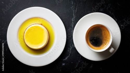 Coffee and Honey on White Plates.