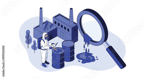 Scientific inspector in a hazmat suit using a giant magnifying glass to examine chemical pollution and waste barrels near a factory.