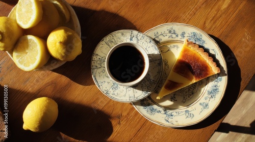 Coffee and Lemon Tarts on Wooden Table.