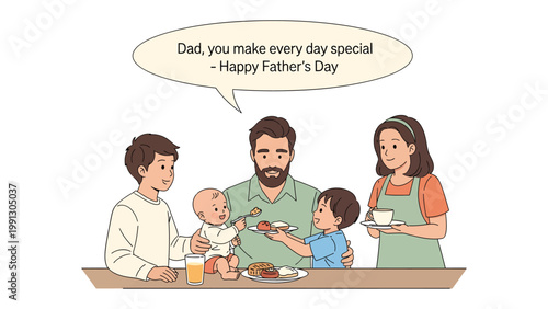 Family Day Meal: A heart-warming illustration of a family gathered, sharing a meal to celebrate a special occasion. the drawing depicts a father being served a special meal.