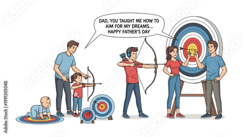 Father's Day Archery Dream: A heartwarming illustration depicts a family's journey from infancy to adulthood, all united by their shared passion for archery and a father's influence.
