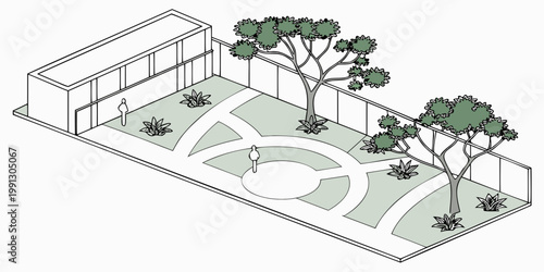 Isometric illustration of a modern courtyard garden with people isometric courtyard landscape architecture building illustration minimalist planning construction environment residential