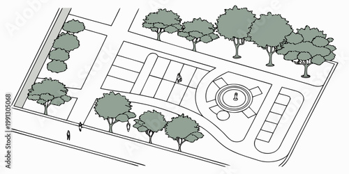Isometric site plan of a public park with circular fountain and trees isometric fountain landscaping architecture illustration greenery recreation planning construction environment boundary
