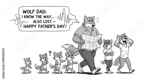 Navigating Fatherhood: An amusing cartoon illustrates the endearing struggles of a wolf father guiding his pack, perfectly encapsulating the humorous yet heartwarming essence of fatherhood. 