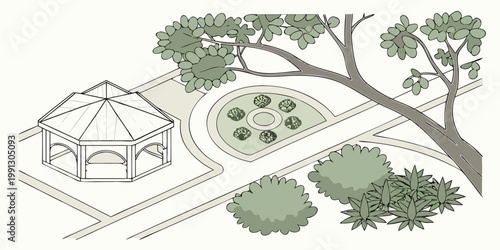 Isometric illustration of a garden with gazebo and large tree isometric landscape outdoors architecture recreation backyard illustration greenery structure pavilion environment parkland
