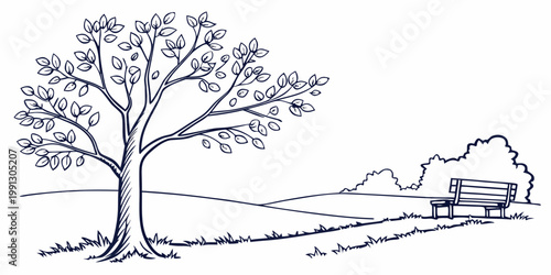 Park landscape with a large tree and wooden bench in line art style landscape relaxation illustration peaceful parkland recreation environment minimalist background botanical outdoors