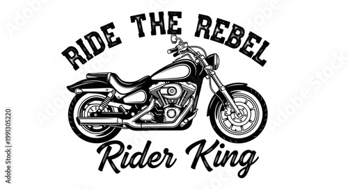 Motorcycle with Rebel Rider King text graphic.