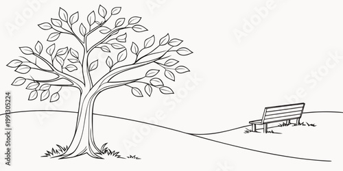 Park bench under a leafy tree illustration in clean minimalist line art with outdoor furniture illustration minimalist landscape relaxation peaceful environment background botanical parkland