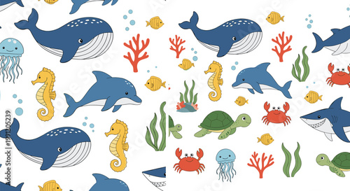 Cute ocean animals cartoon set with whales dolphins turtles and underwater sea life vector illustration