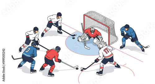 Dynamic ice hockey match showing two teams competing for the puck with a goalie defending the net in a high-action isometric view.