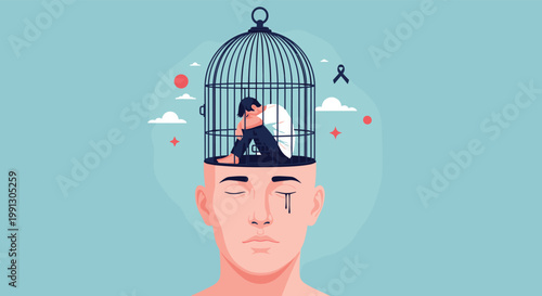 Surreal illustration showing a sad person trapped inside a metal birdcage that grows out of another person's head to represent grief.