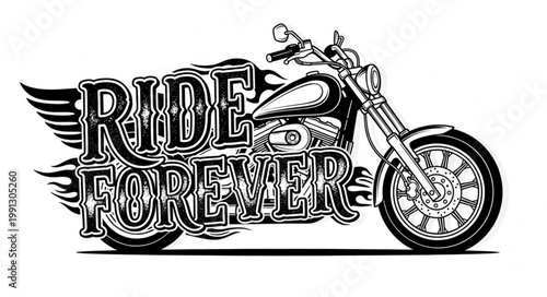 Motorcycle with Ride Forever text and wings emblem.