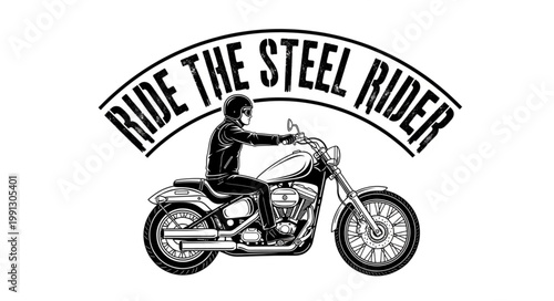 Motorcycle Rider Emblem with Text Ride the Steel Rider.