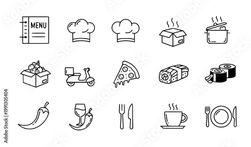 Restaurant cuisine dining linear icon set food vector