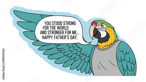 Tablou pe pânză Father's Day Parrot Illustration: A vibrant illustration features a charming parrot with a heartfelt Father's Day message in a speech bubble, perfect for celebrating paternal figures