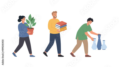 People carrying household items for home setup. Woman with plant, man with books, man arranging vases. Moving, organizing, decorating concept.