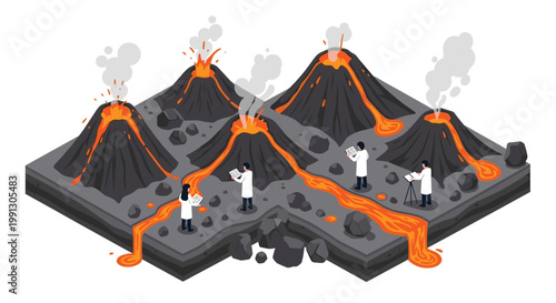 Scientific research team in lab coats conducting an investigation and taking notes near a group of active volcanoes with flowing lava.