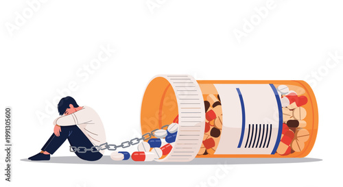 Sad young man sits on floor while chained to a large bottle of pills representing struggle with drug addiction and dependency.