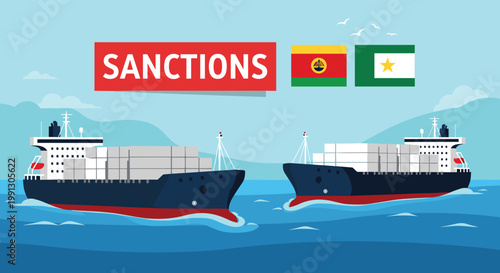 Large container ships transport goods across the ocean under trade sanctions with international flags displayed in the blue sky.