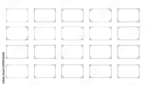Minimal decorative rectangle frame vector set with vintage ornamental corner borders and thin elegant line design for invitations isolated on white background