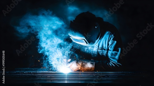 Industrial Welder in Protective Gear Working with Bright Arc and Sparks