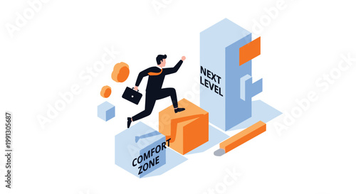 Ambitious businessman jumps from his comfort zone onto stairs leading to the next level of career success and achievement.