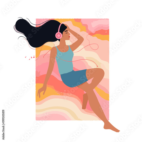 Girl reclines peacefully while wearing headphones and listening to music in a colorful space.