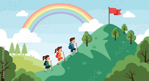 Group of children wearing backpacks hike up a grassy hill towards a red flag under a beautiful rainbow and sky.