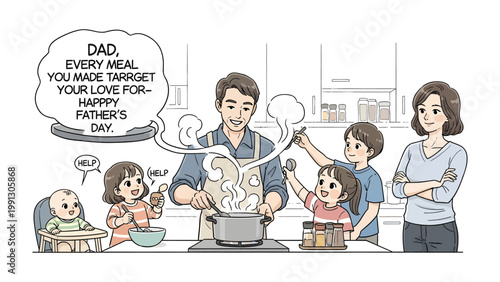Family's Culinary Delight: A father cooks with his children's aid and loving mother observing the scene.
